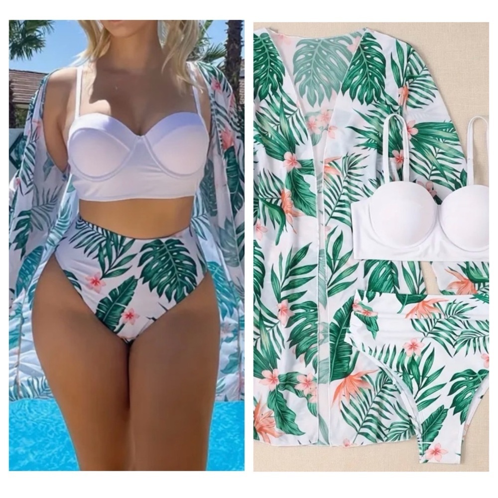 3pc Tropical Push Up High Waisted Bikini Set & Kimono Cover Up - Picture 4 of 10
